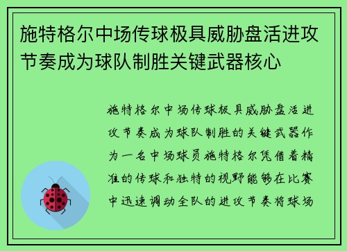 施特格尔中场传球极具威胁盘活进攻节奏成为球队制胜关键武器核心